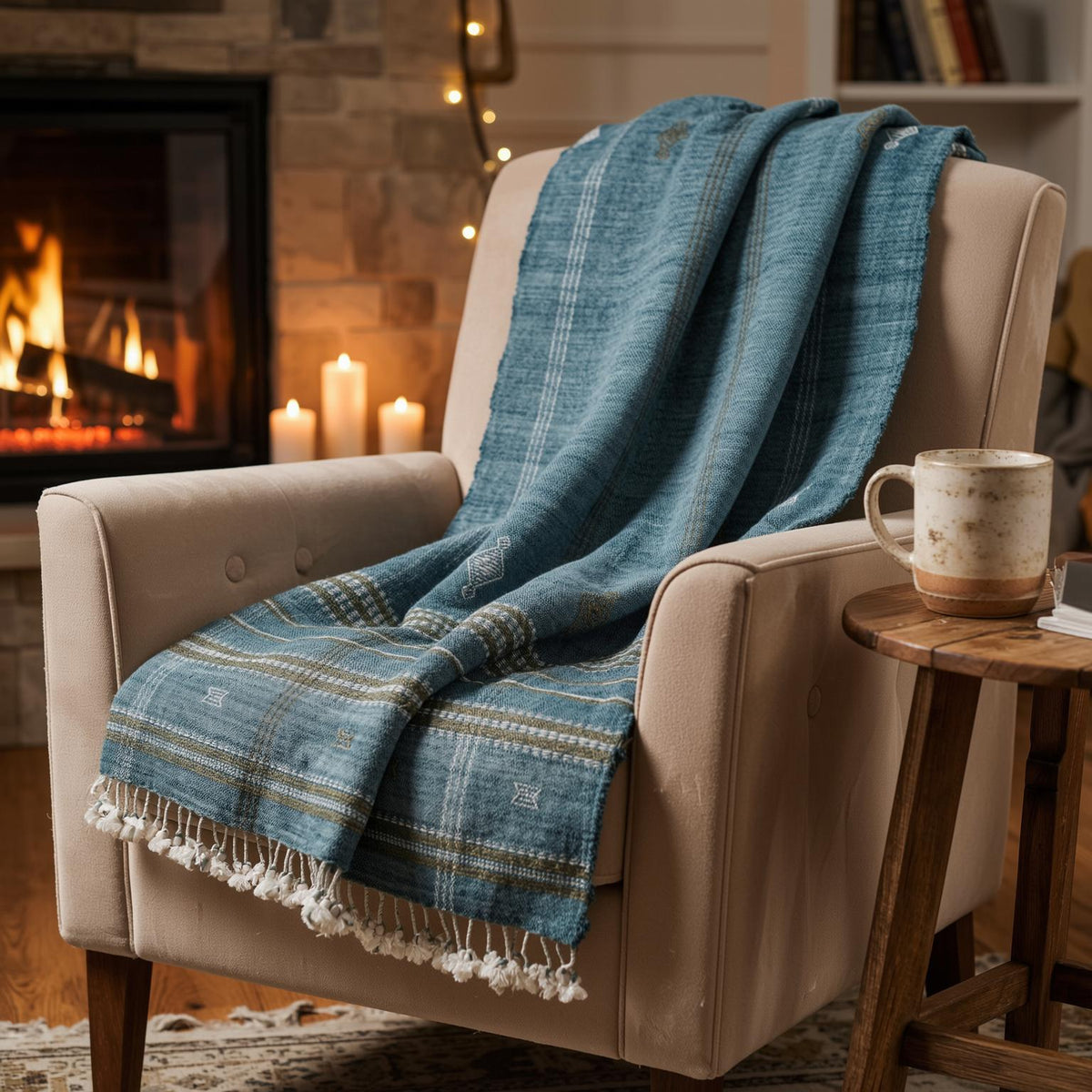 Teal Blue Indian Wool Throw Blanket, Handwoven Sofa Coverlet with Boho Reading Chair Accent - LAPIS