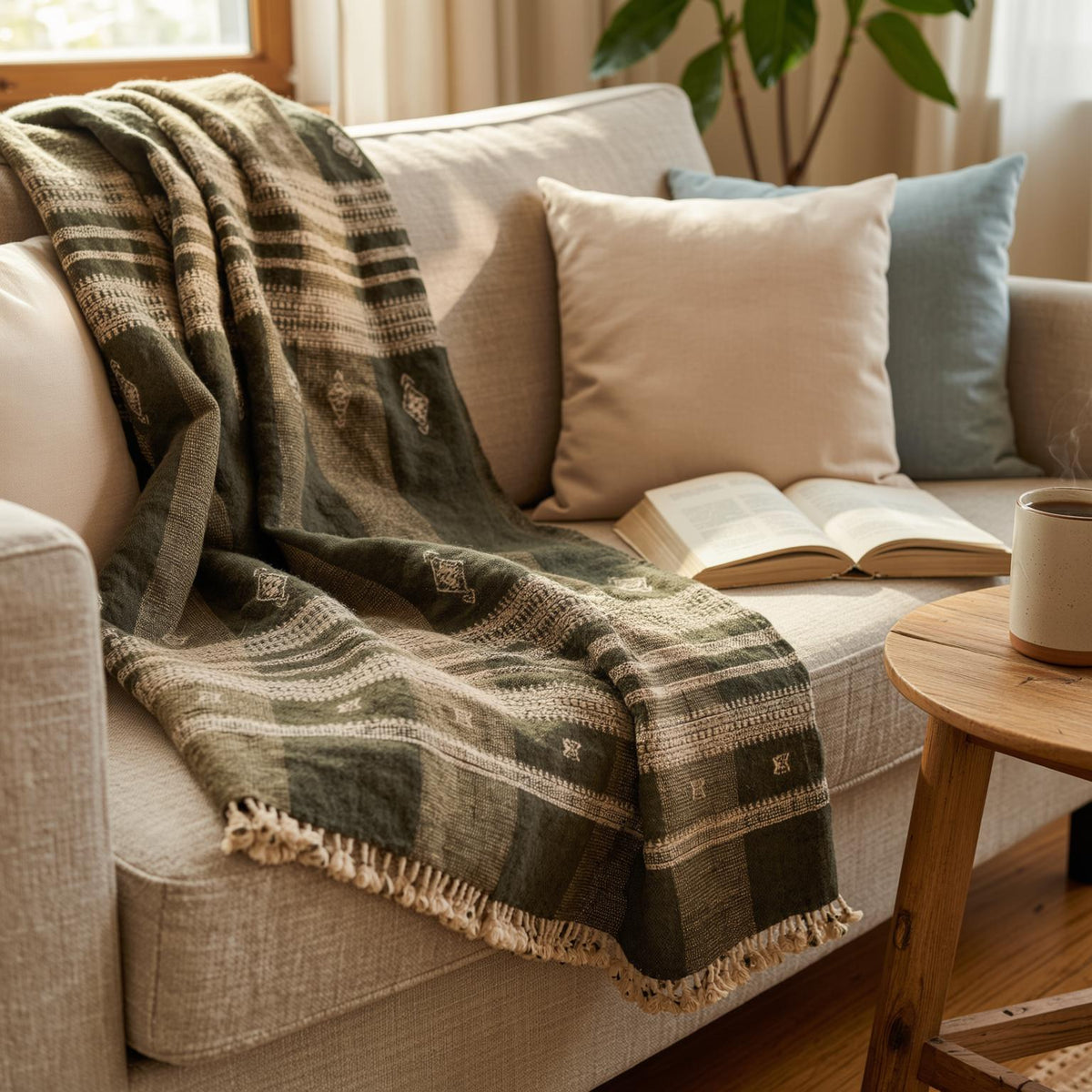 Olive Brown Indian Wool Throw Blanket, Handwoven Sofa Coverlet with Organic Bedroom Accent - ZARAA