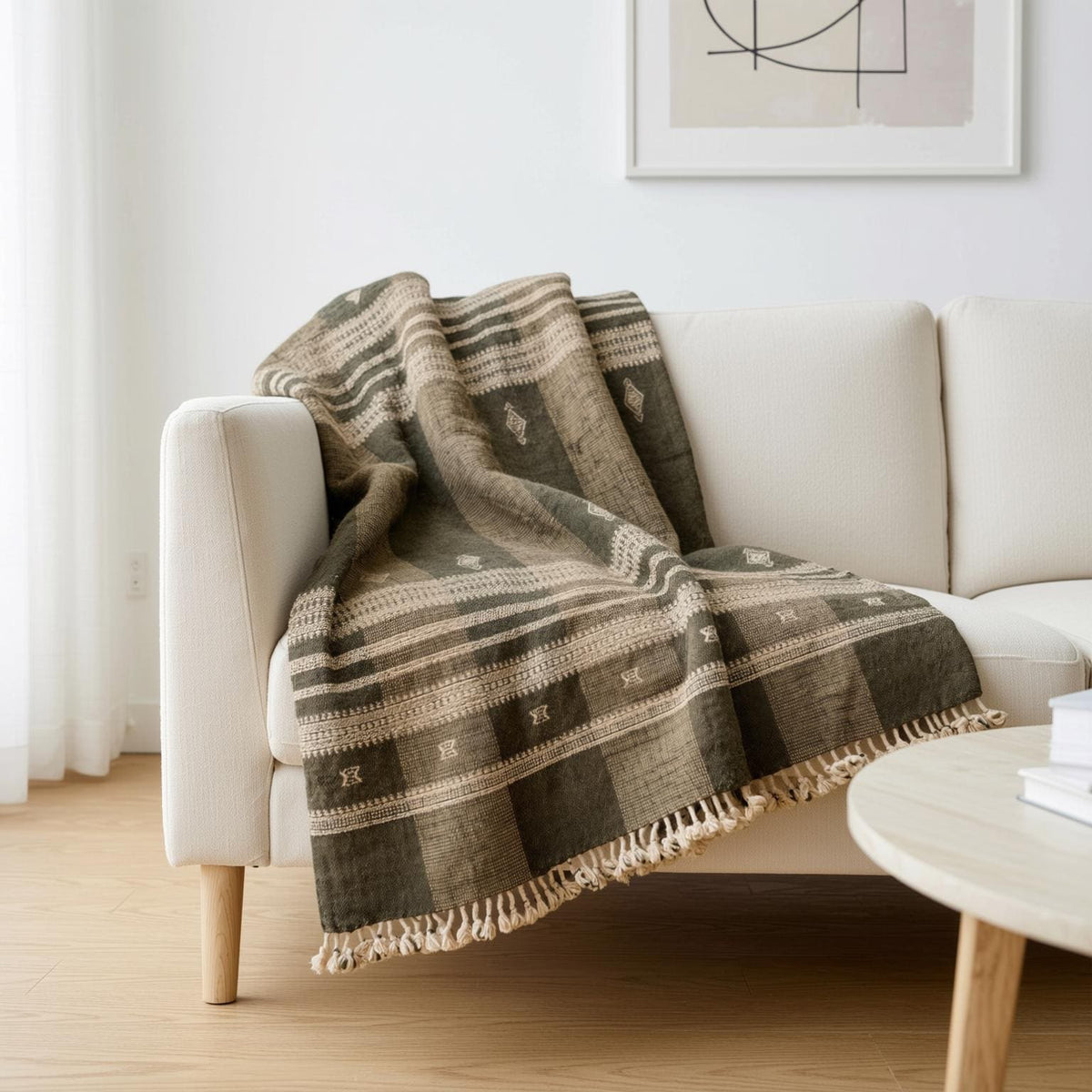 Olive Brown Indian Wool Throw Blanket, Handwoven Sofa Coverlet with Organic Bedroom Accent - ZARAA
