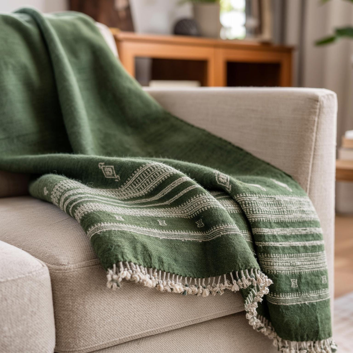 Forest Green Indian Wool Throw Blanket, Handwoven Couch Coverlet with Earthy Bedroom Accent - ERICA