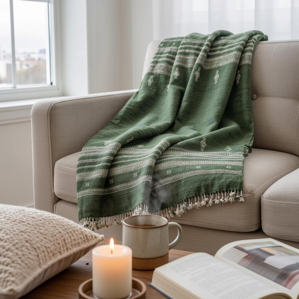 Forest Green Indian Wool Throw Blanket, Handwoven Couch Coverlet with Earthy Bedroom Accent - ERICA