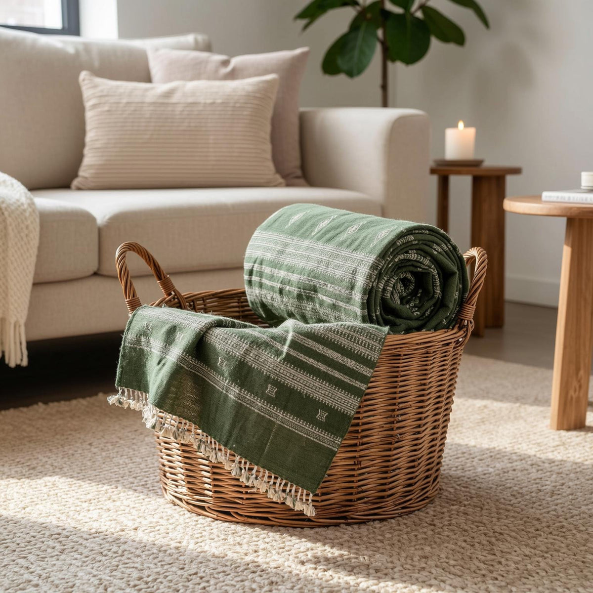 Forest Green Indian Wool Throw Blanket, Handwoven Couch Coverlet with Earthy Bedroom Accent - ERICA