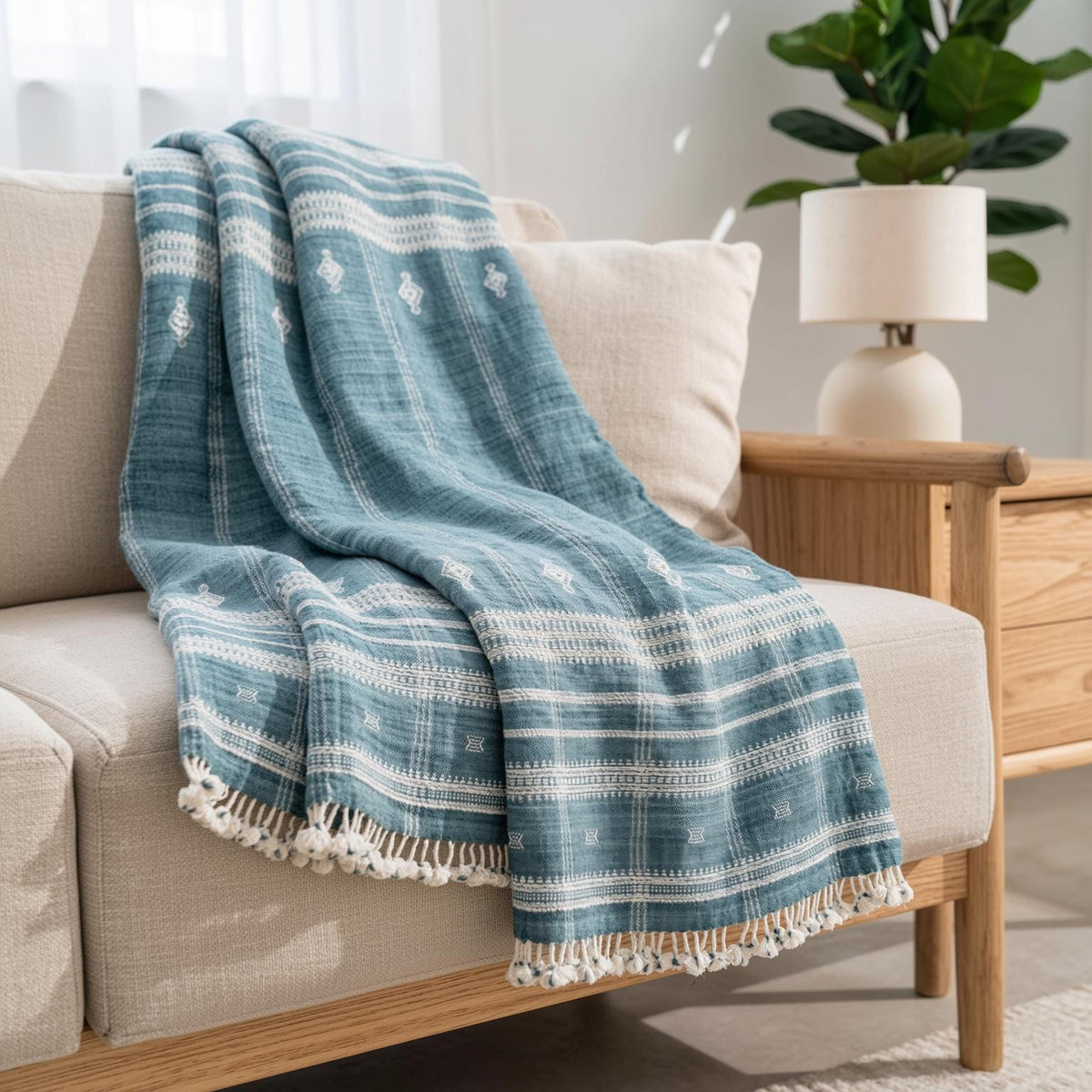 Teal Blue Indian Wool Throw Blanket, Handwoven Couch Coverlet with Geometric Bedroom Layer - TOPAS