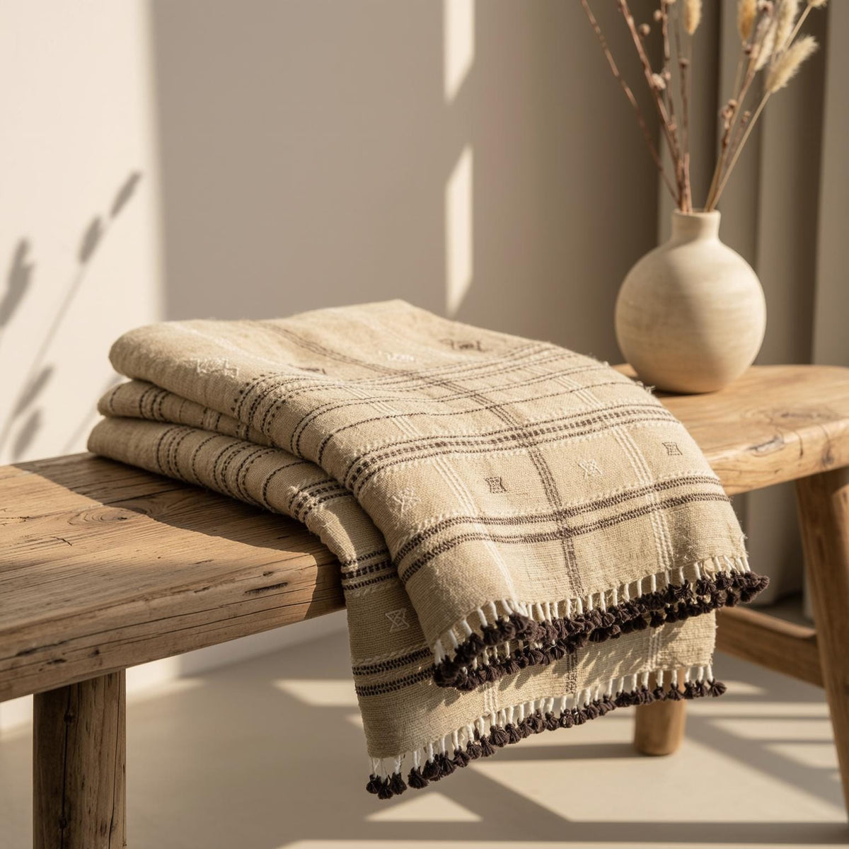 Tan Plaid Indian Wool Throw Blanket, Handwoven Couch Coverlet with Farmhouse Bed Accent - TANISHQ
