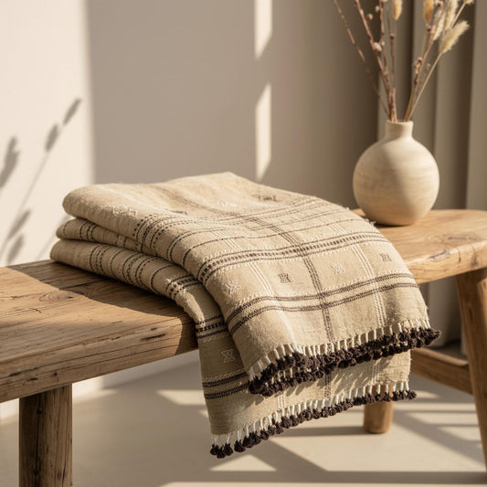 Jeté de lit en laine indienne à carreaux beige, couvre-lit tissé à la main pour canapé avec accent de style ferme - TANISHQ