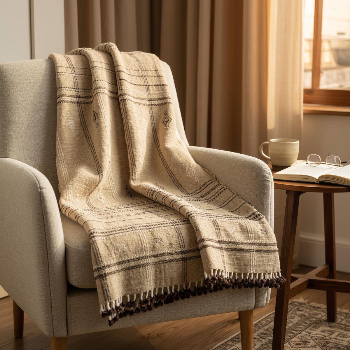 Tan Plaid Indian Wool Throw Blanket, Handwoven Couch Coverlet with Farmhouse Bed Accent - TANISHQ