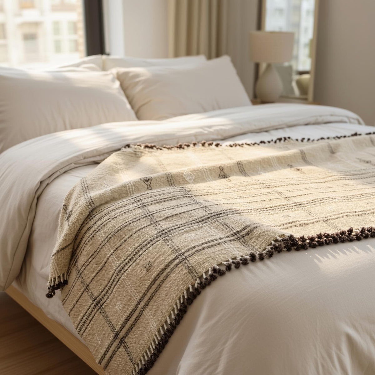 Tan Plaid Indian Wool Throw Blanket, Handwoven Couch Coverlet with Farmhouse Bed Accent - TANISHQ