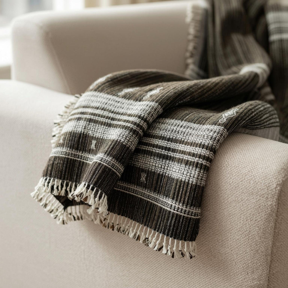 Brown Indian Wool Throw Blanket, Handwoven Sofa Coverlet with Lodge Reading Chair Layer - SPINEL