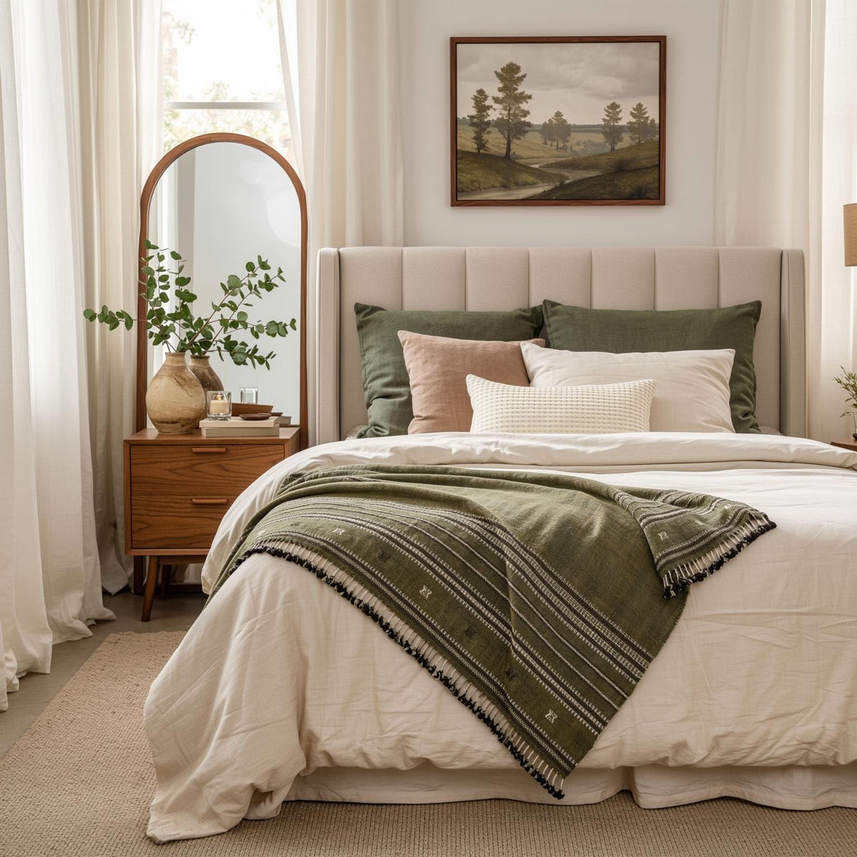 Olive Green Striped Indian Wool Throw Blanket, Handwoven Sofa Coverlet with Bed Accent - GARNET