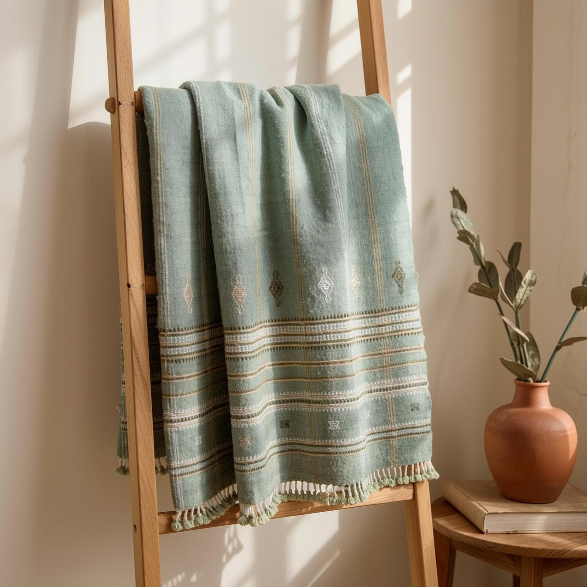 Sage Green Indian Wool Throw Blanket, Handwoven Sofa Coverlet with Japandi Bedroom Accent - JADE