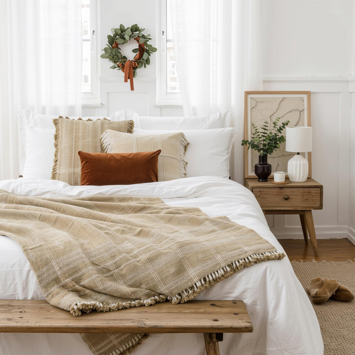 Tan Beige Indian Wool Throw Blanket, Handwoven Sofa Coverlet with Farmhouse Bedroom Layer - JASPER