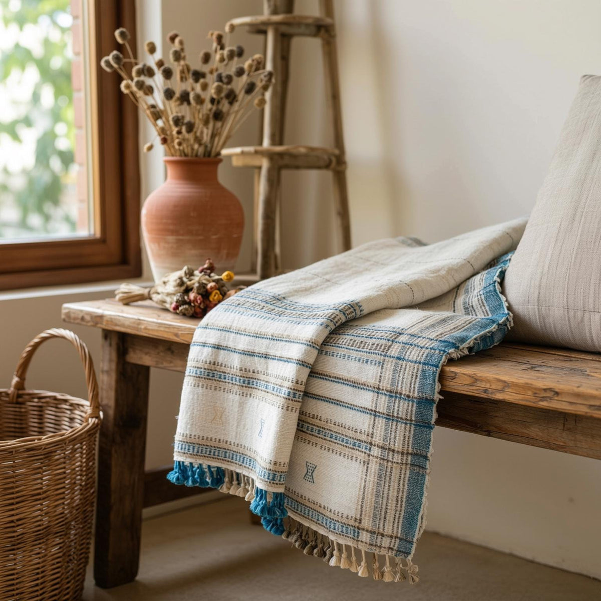 Ivory Indian Wool Throw Blanket, Handwoven Couch Coverlet with Cozy Minimalist Bedroom Layer - DAZY