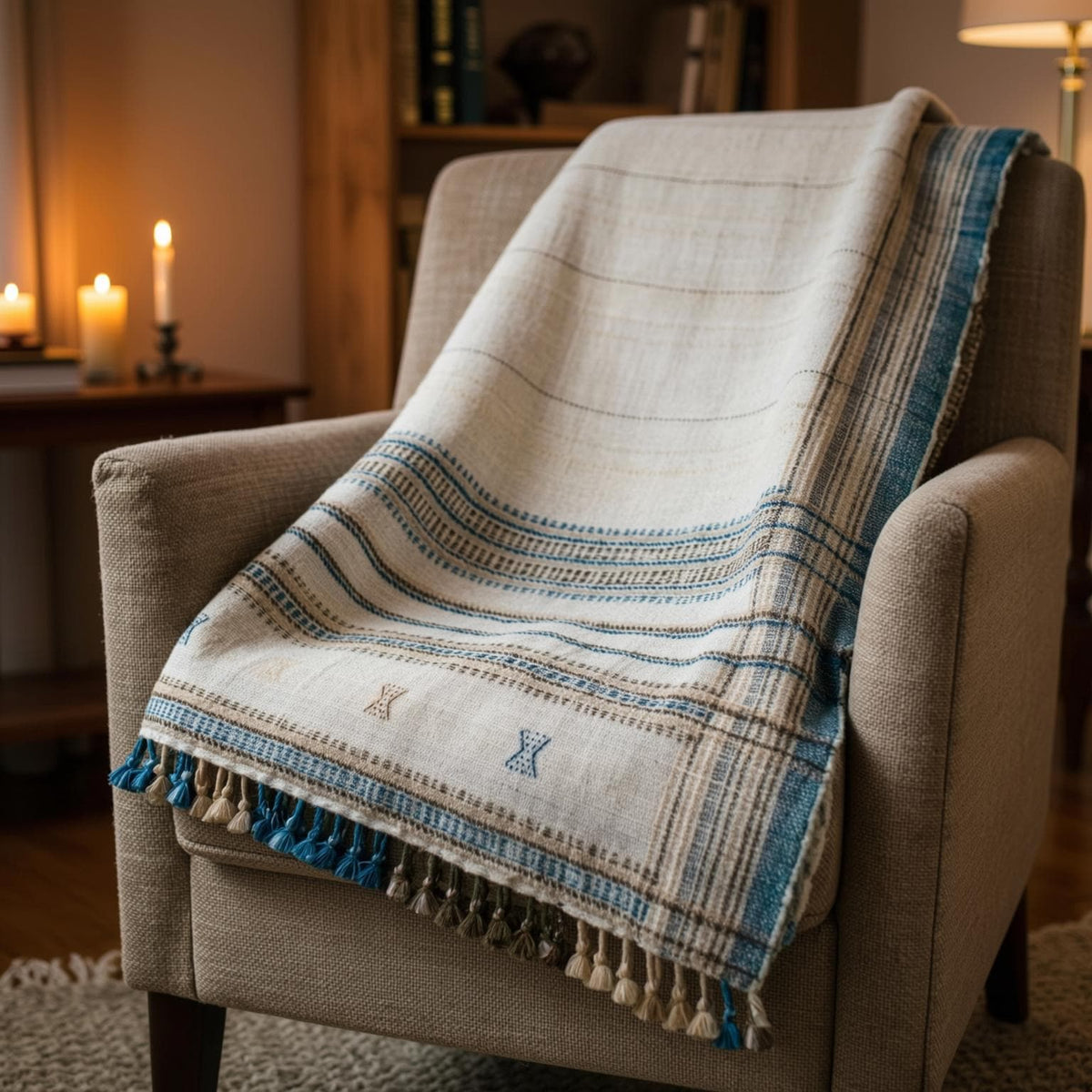 Ivory Indian Wool Throw Blanket, Handwoven Couch Coverlet with Cozy Minimalist Bedroom Layer - DAZY