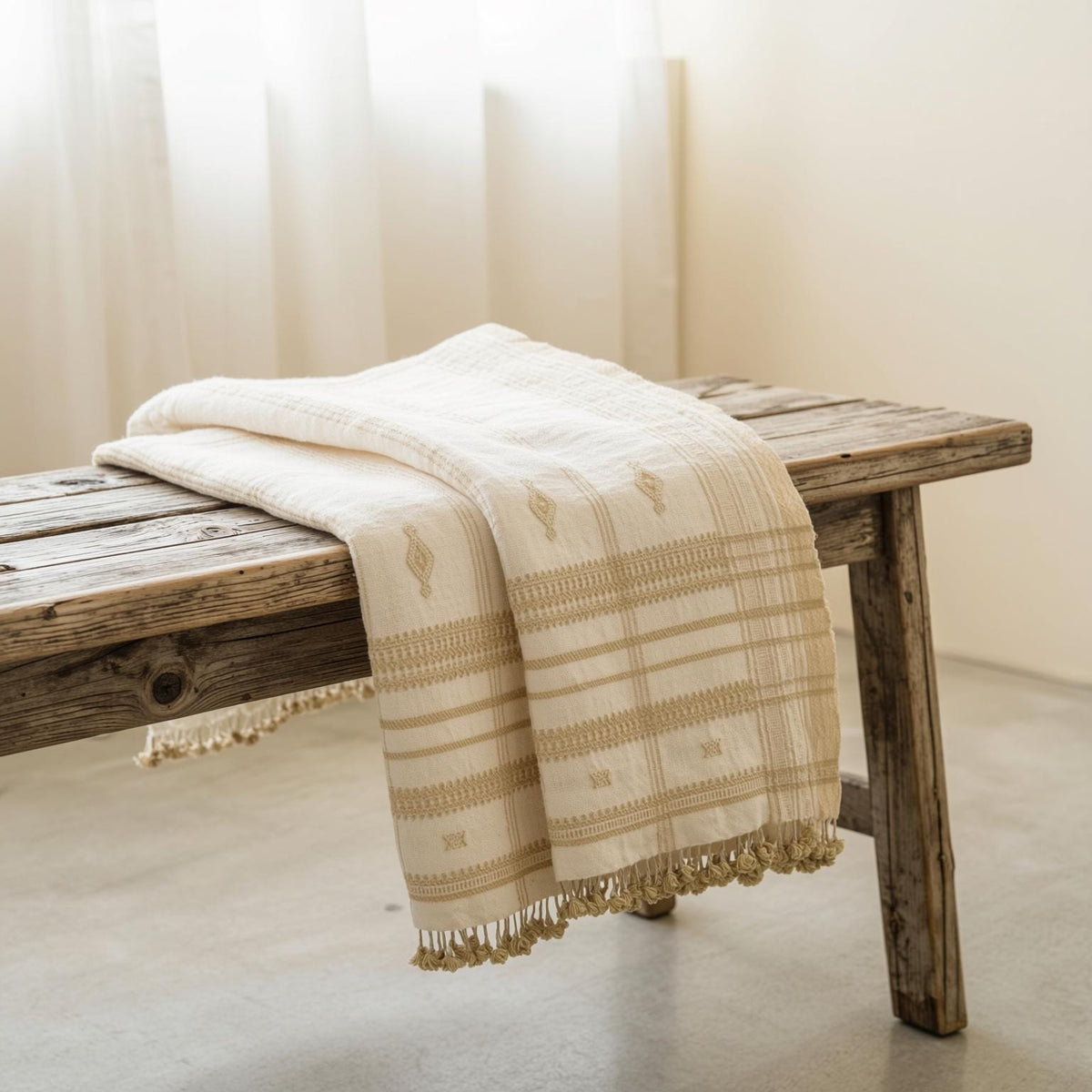 Off White Indian Wool Throw Blanket, Handwoven Couch Coverlet with Neutral Bedroom Layer - HEERA