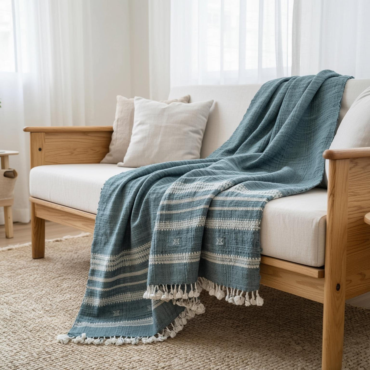 Vibrant Teal Indian Wool Throw Blanket, Handwoven Sofa Coverlet with Boho Reading Accent - NEELAM