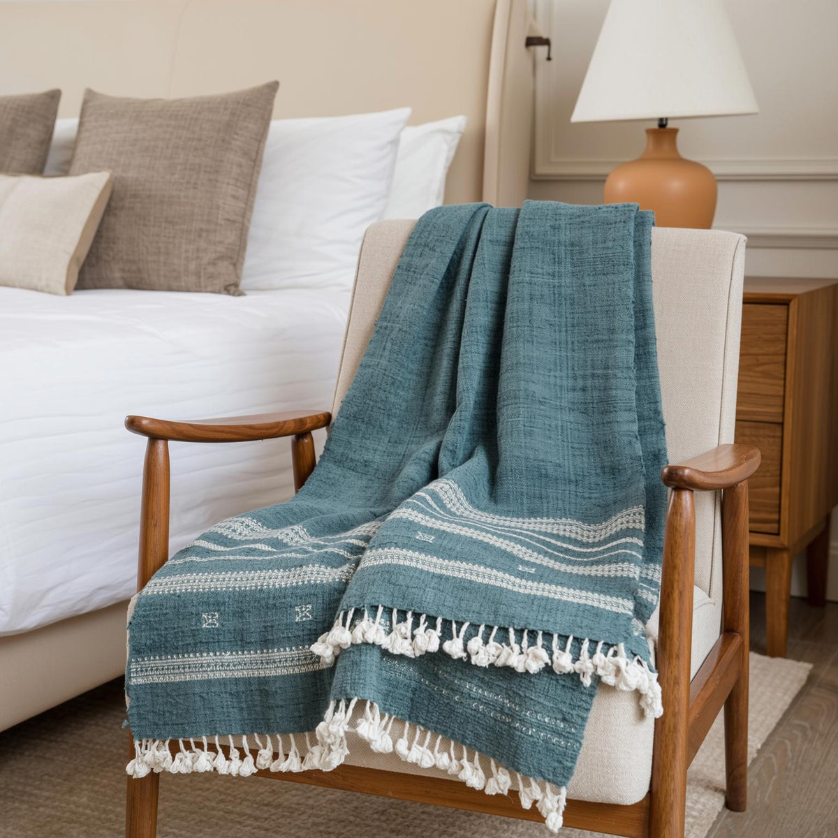 Vibrant Teal Indian Wool Throw Blanket, Handwoven Sofa Coverlet with Boho Reading Accent - NEELAM