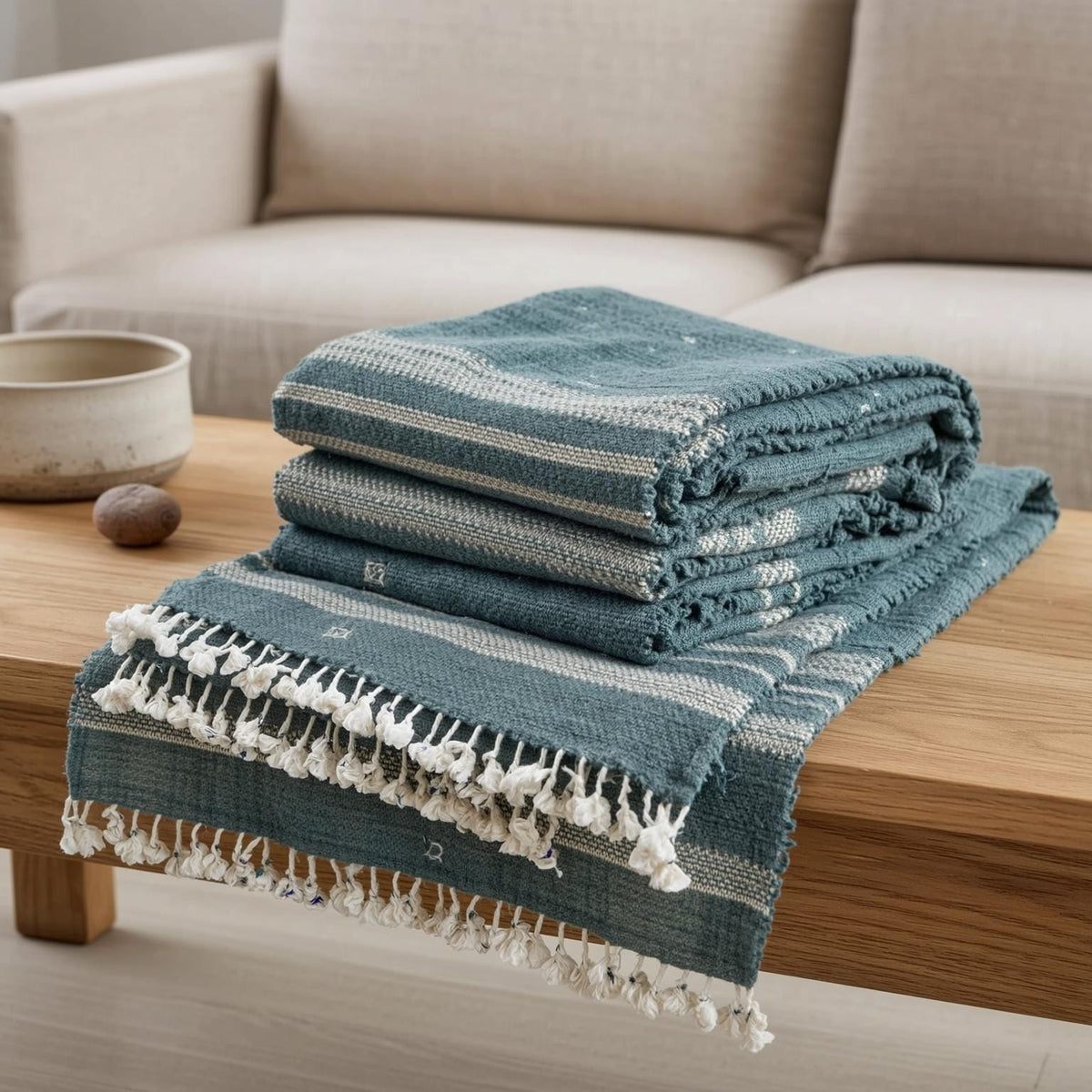Vibrant Teal Indian Wool Throw Blanket, Handwoven Sofa Coverlet with Boho Reading Accent - NEELAM