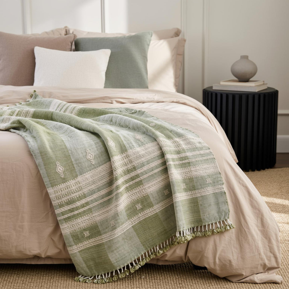 Soft Green Indian Wool Throw Blanket, Handwoven Sofa Coverlet with Quiet Calm Bedroom Layer - SAGE