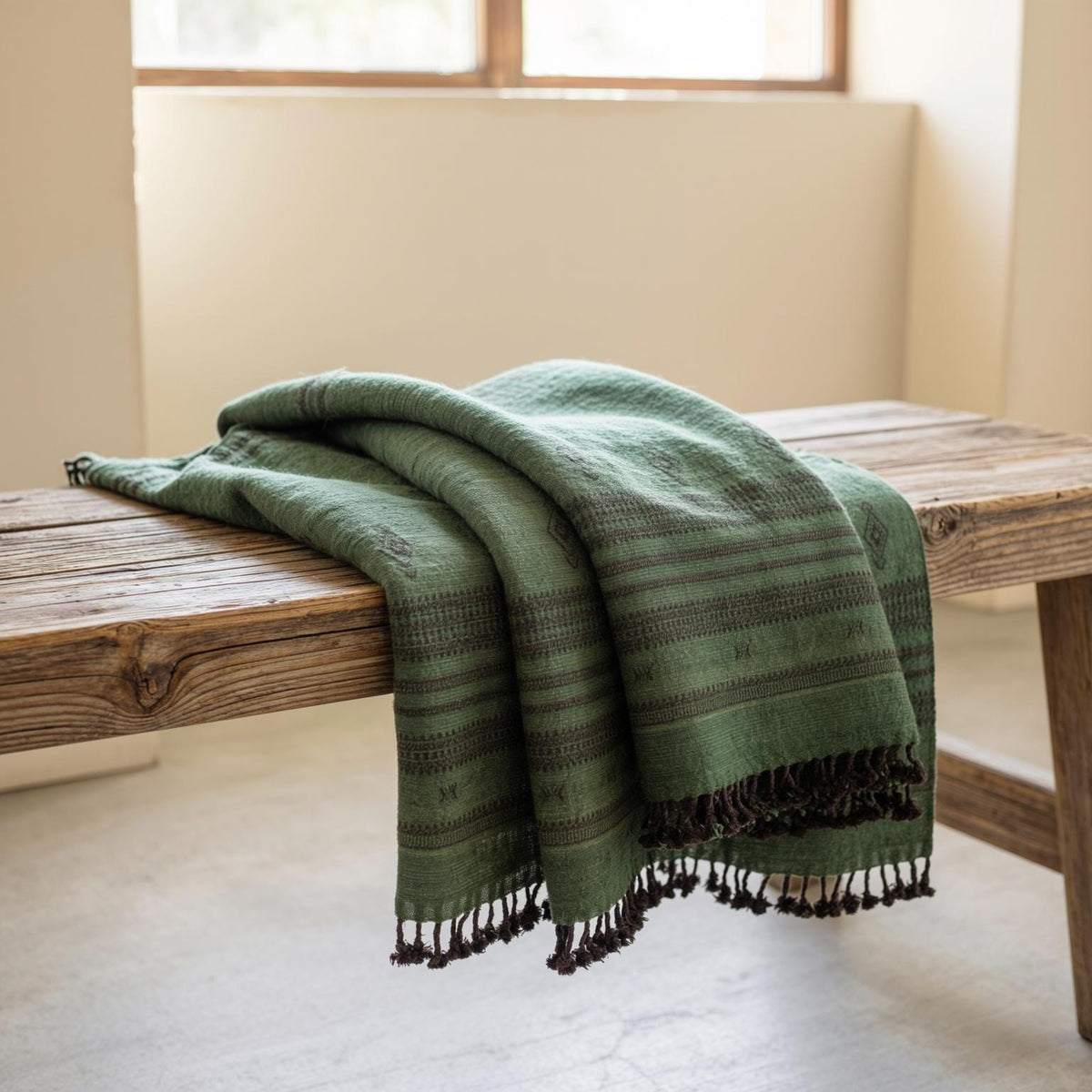 Deep Green Indian Wool Throw Blanket, Handwoven Sofa Coverlet with Cozy Reading Nook Accent - BASIL