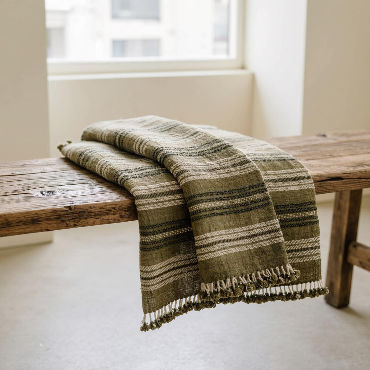 Olive Striped Indian Wool Throw Blanket, Handwoven Couch Coverlet with Earthy Bed Accent - MOSS