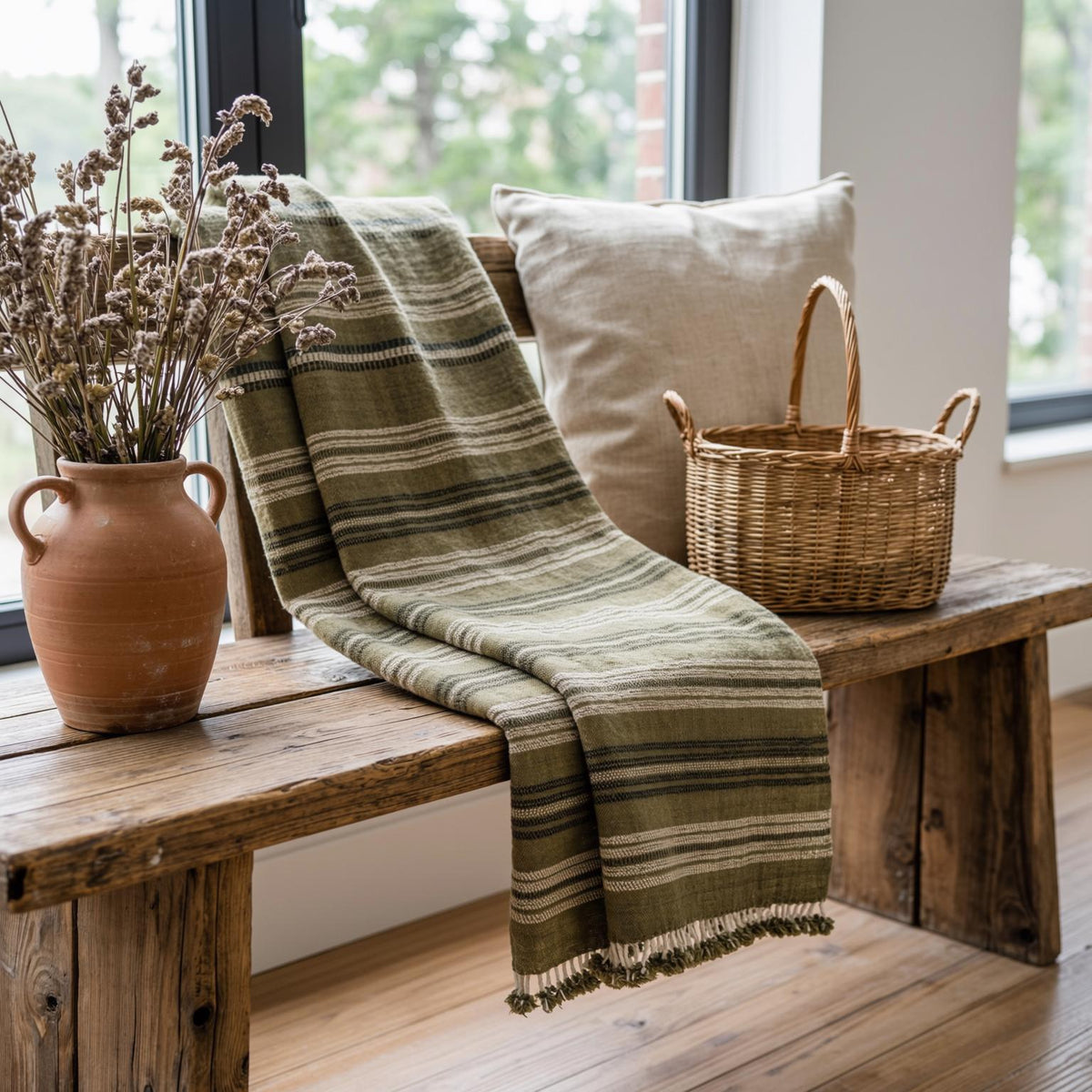 Olive Striped Indian Wool Throw Blanket, Handwoven Couch Coverlet with Earthy Bed Accent - MOSS