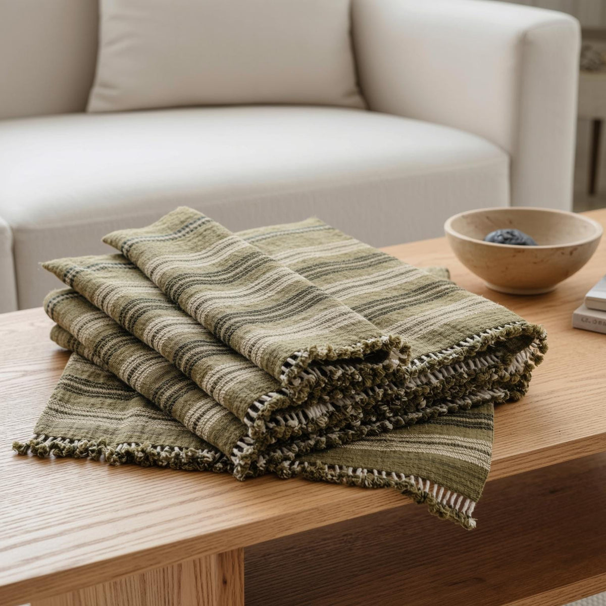 Olive Striped Indian Wool Throw Blanket, Handwoven Couch Coverlet with Earthy Bed Accent - MOSS