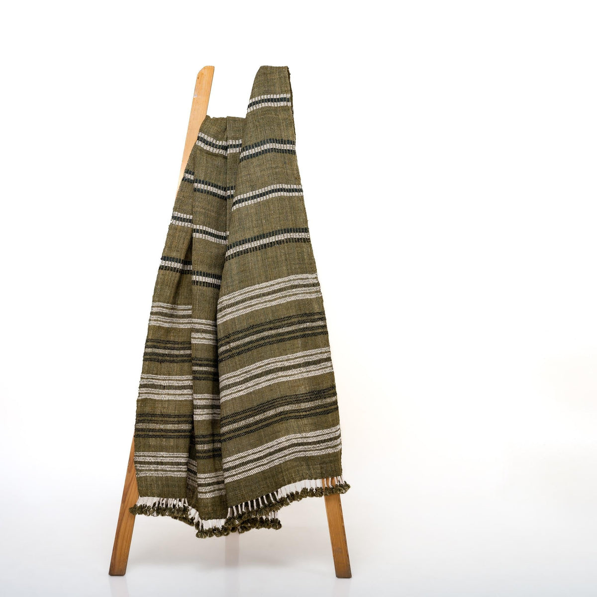 Olive Striped Indian Wool Throw Blanket, Handwoven Couch Coverlet with Earthy Bed Accent - MOSS