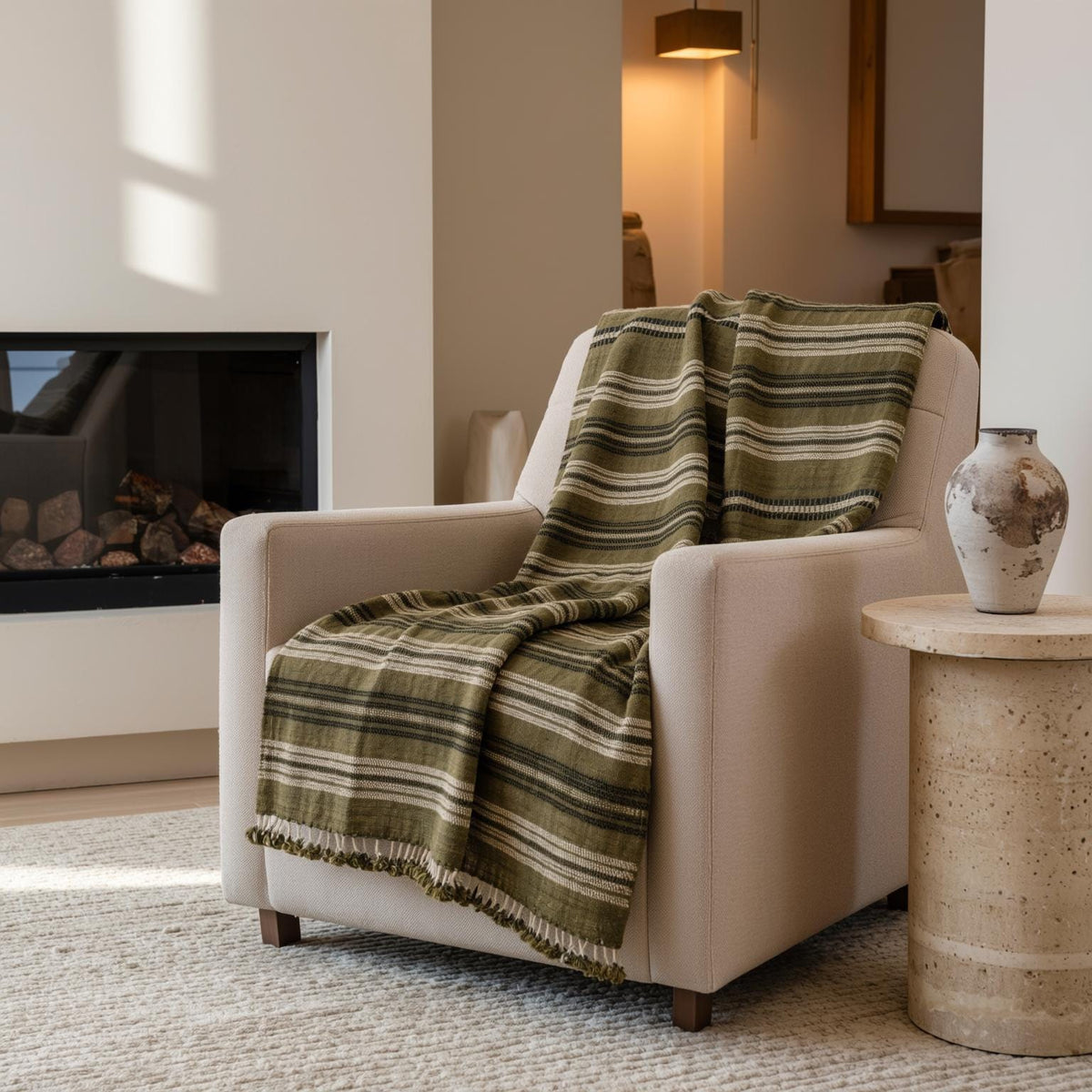 Olive Striped Indian Wool Throw Blanket, Handwoven Couch Coverlet with Earthy Bed Accent - MOSS