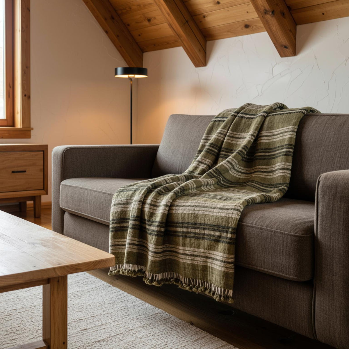 Olive Striped Indian Wool Throw Blanket, Handwoven Couch Coverlet with Earthy Bed Accent - MOSS