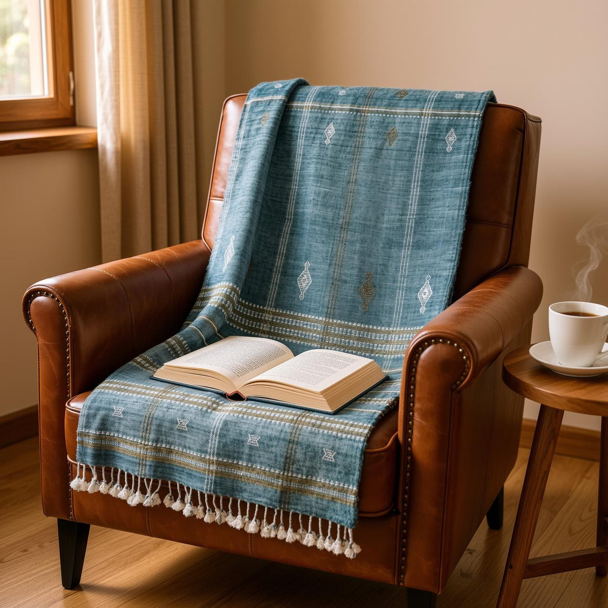 Teal Blue Indian Wool Throw Blanket, Handwoven Sofa Coverlet with Boho Reading Chair Accent - LAPIS
