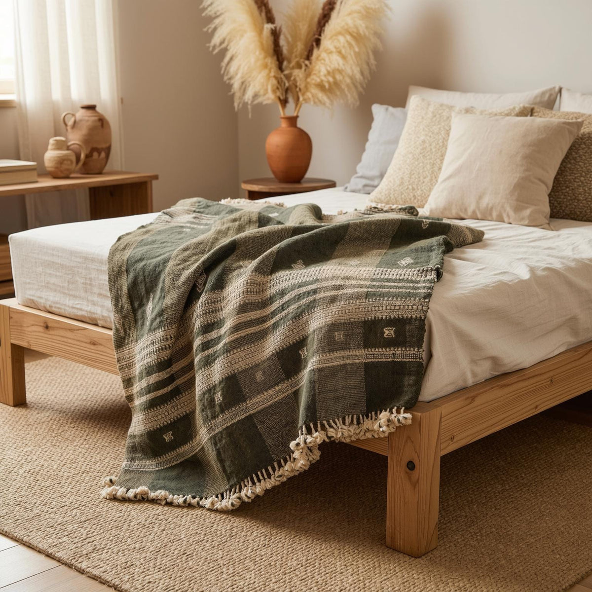 Olive Brown Indian Wool Throw Blanket, Handwoven Sofa Coverlet with Organic Bedroom Accent - ZARAA
