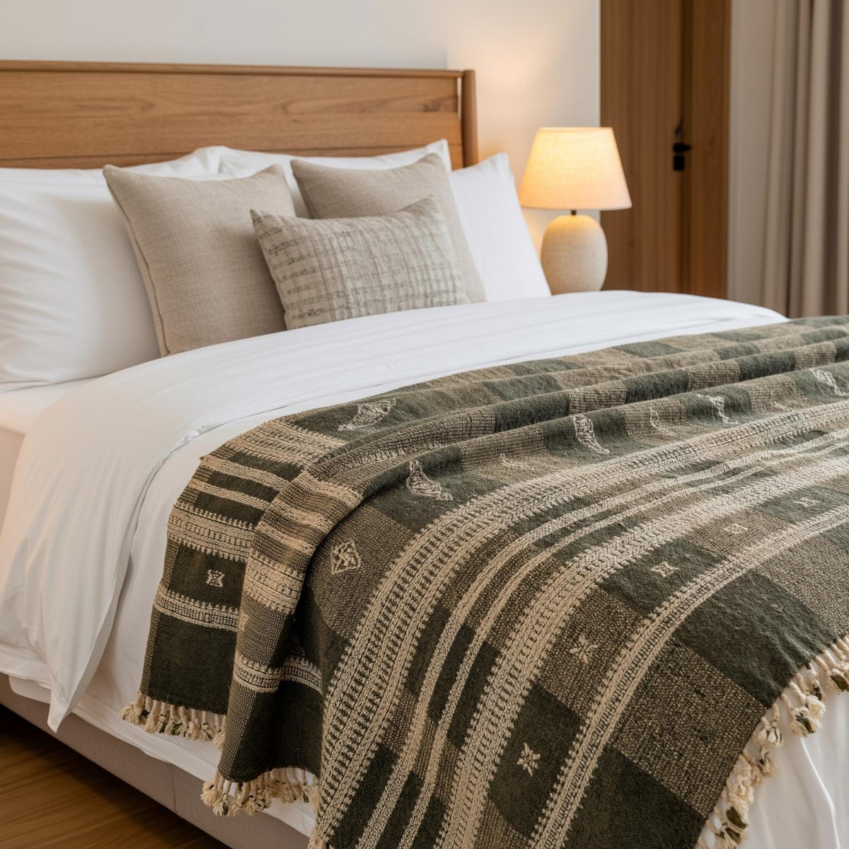 Olive Brown Indian Wool Throw Blanket, Handwoven Sofa Coverlet with Organic Bedroom Accent - ZARAA