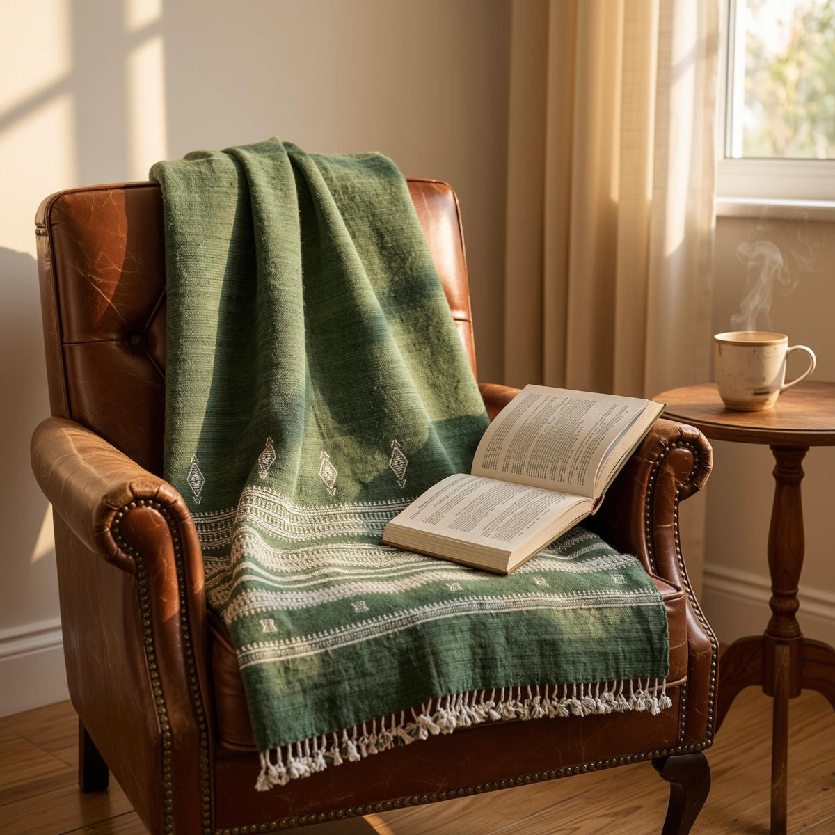 Forest Green Indian Wool Throw Blanket, Handwoven Couch Coverlet with Earthy Bedroom Accent - ERICA
