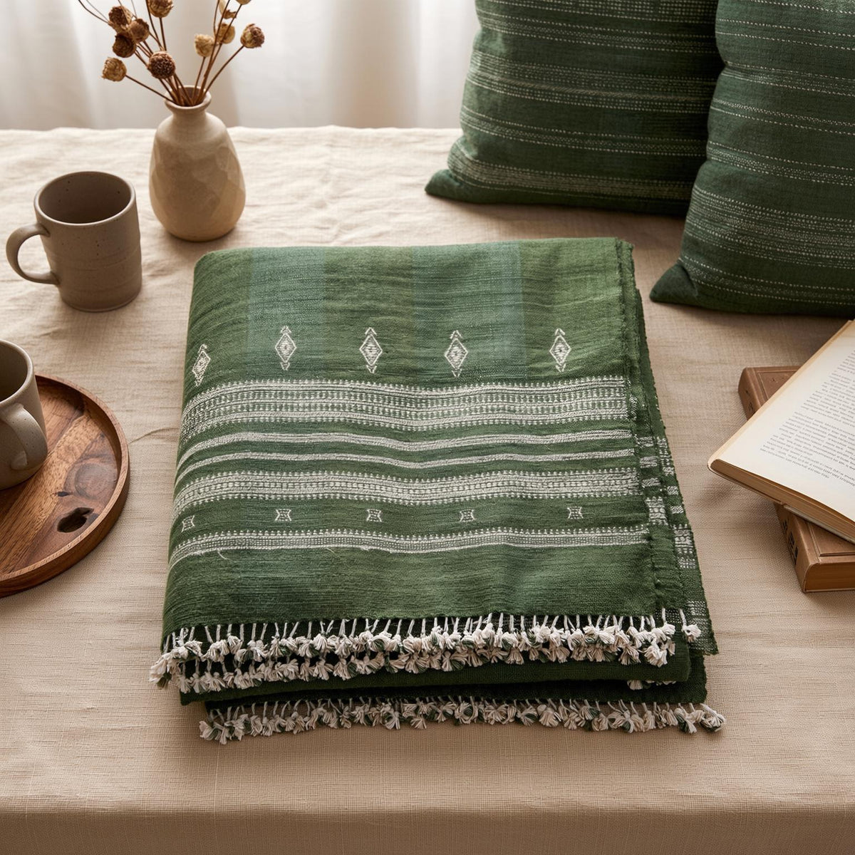 Forest Green Indian Wool Throw Blanket, Handwoven Couch Coverlet with Earthy Bedroom Accent - ERICA