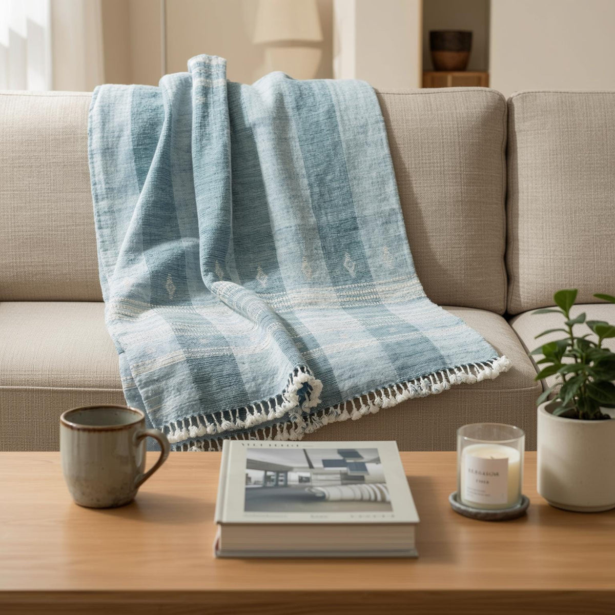 Teal Blue Indian Wool Throw Blanket, Handwoven Sofa Coverlet with Striped Foot-of-Bed Layer - IRIS