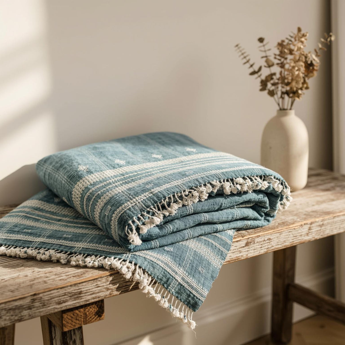 Teal Blue Indian Wool Throw Blanket, Handwoven Couch Coverlet with Geometric Bedroom Layer - TOPAS