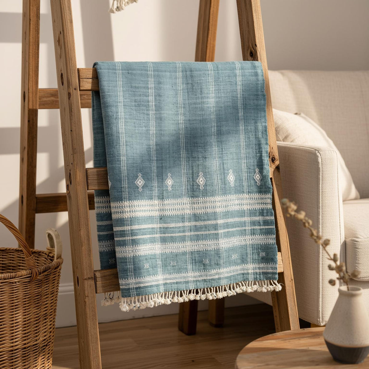 Teal Blue Indian Wool Throw Blanket, Handwoven Couch Coverlet with Geometric Bedroom Layer - TOPAS