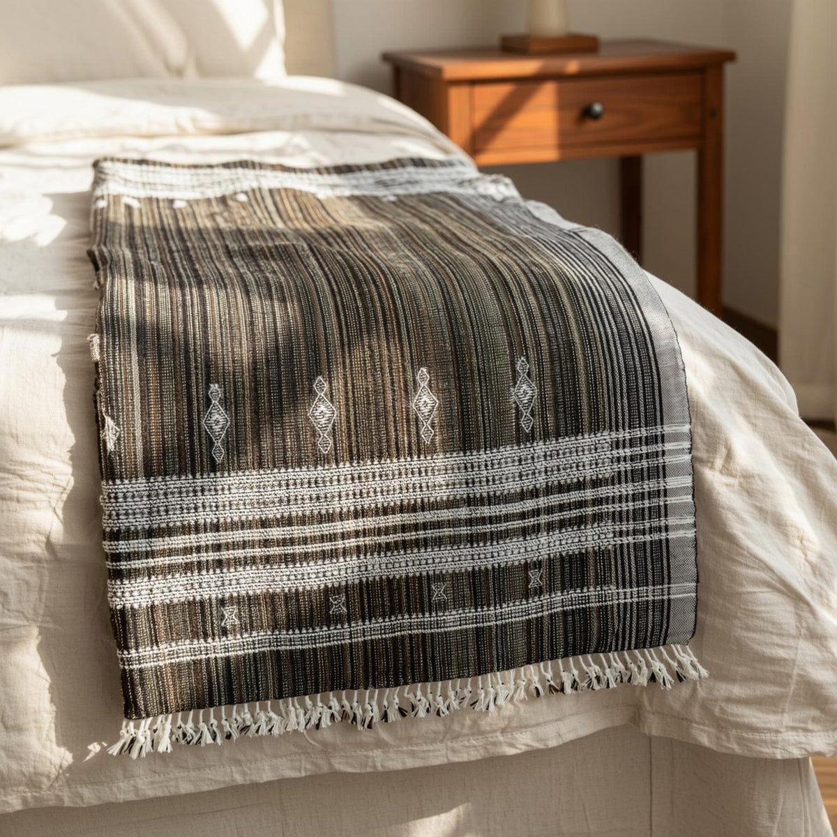 Brown Indian Wool Throw Blanket, Handwoven Sofa Coverlet with Lodge Reading Chair Layer - SPINEL