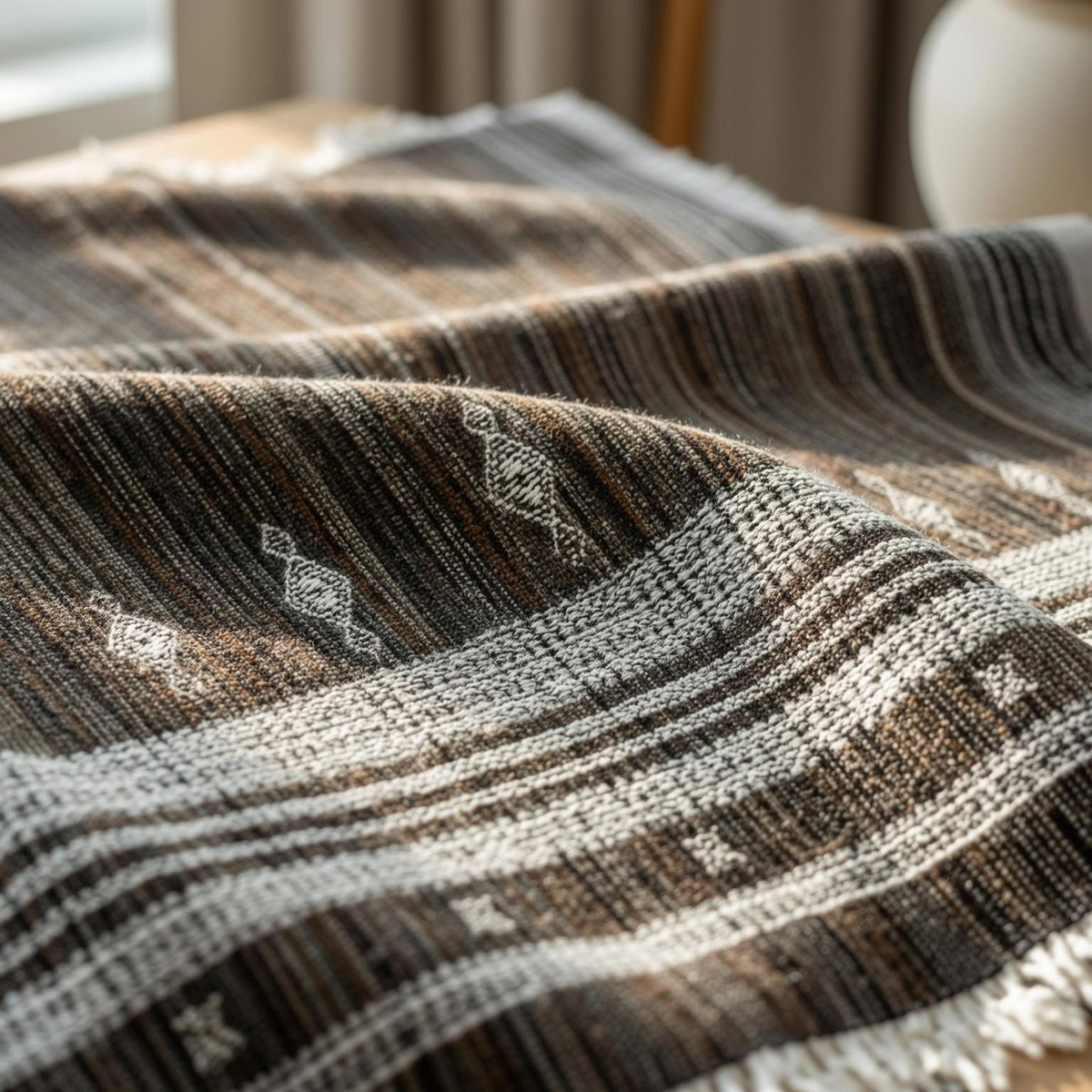 Brown Indian Wool Throw Blanket, Handwoven Sofa Coverlet with Lodge Reading Chair Layer - SPINEL