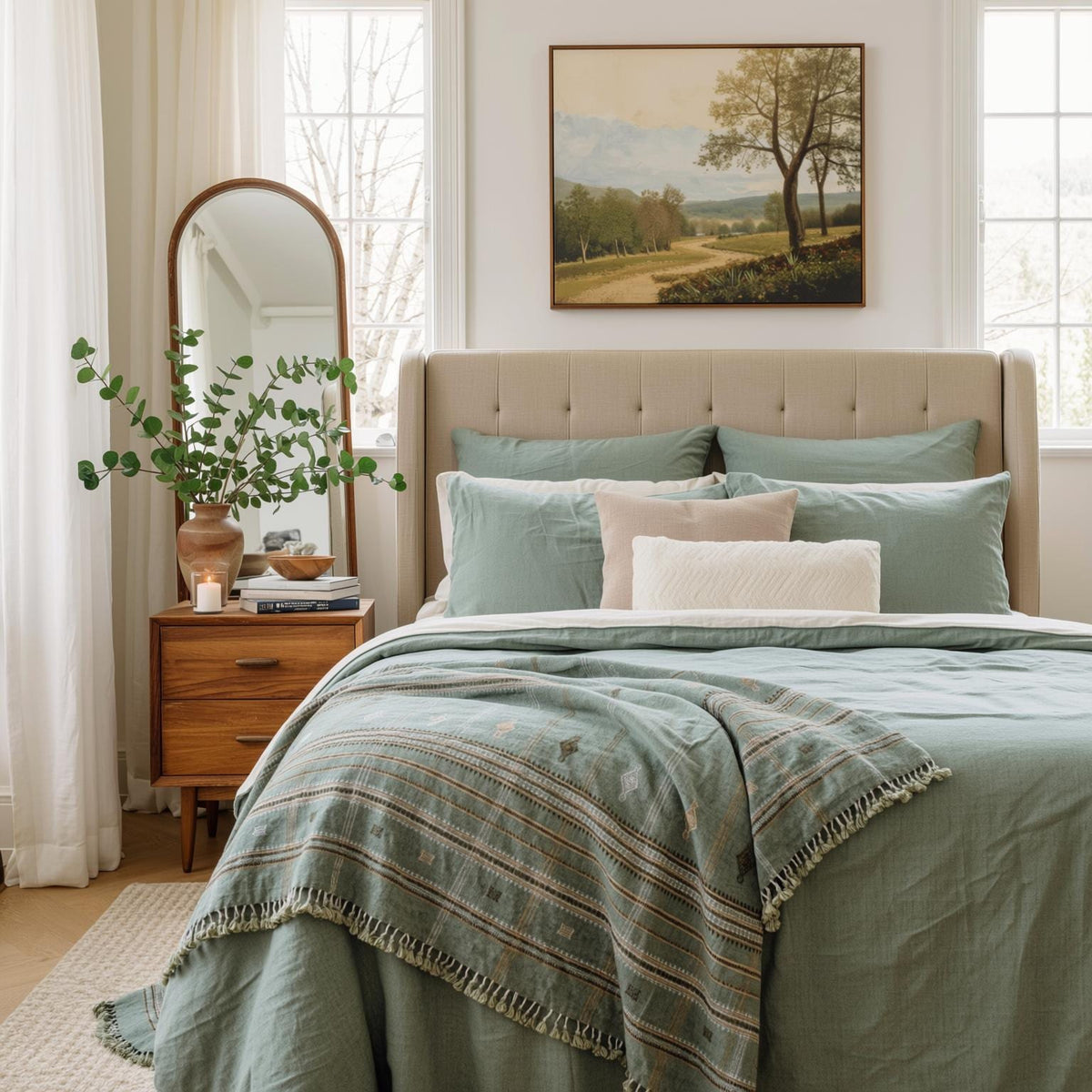 Sage Green Indian Wool Throw Blanket, Handwoven Sofa Coverlet with Japandi Bedroom Accent - JADE