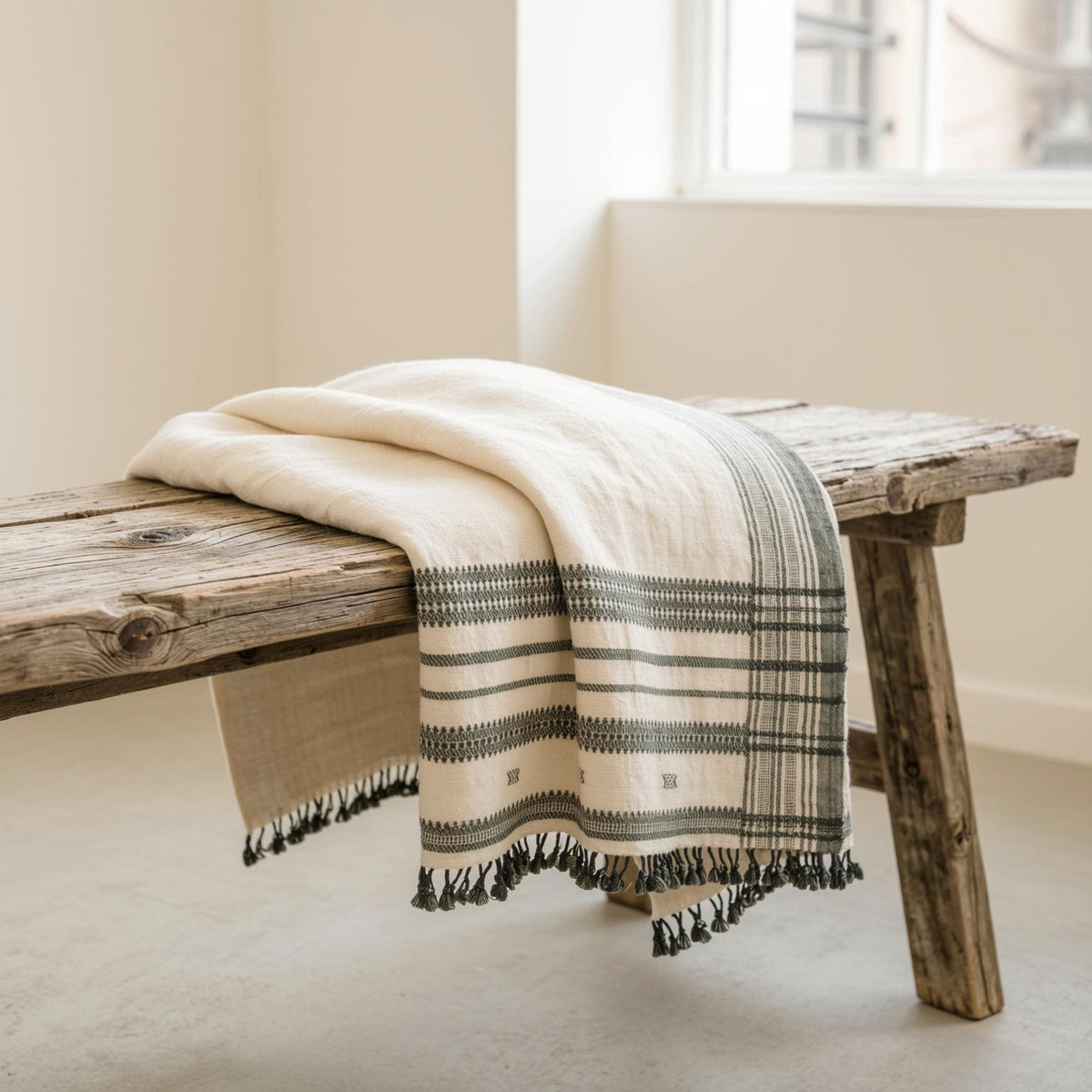 White Indian Wool Throw Blanket, Handwoven Couch Coverlet with Minimalist Bed Accent - SOLITAIRE
