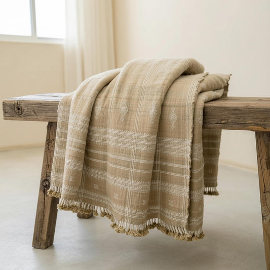 Couverture jeté en laine indienne beige clair, couvre-lit tissé à la main pour chambre au style rustique - JASPER