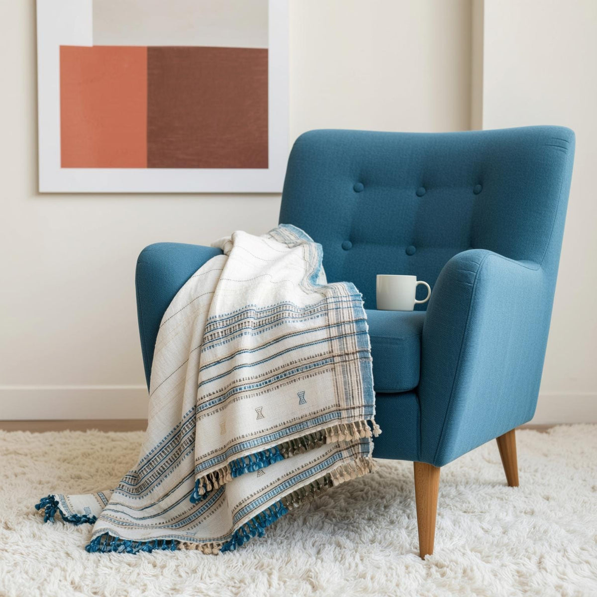 Ivory Indian Wool Throw Blanket, Handwoven Couch Coverlet with Cozy Minimalist Bedroom Layer - DAZY