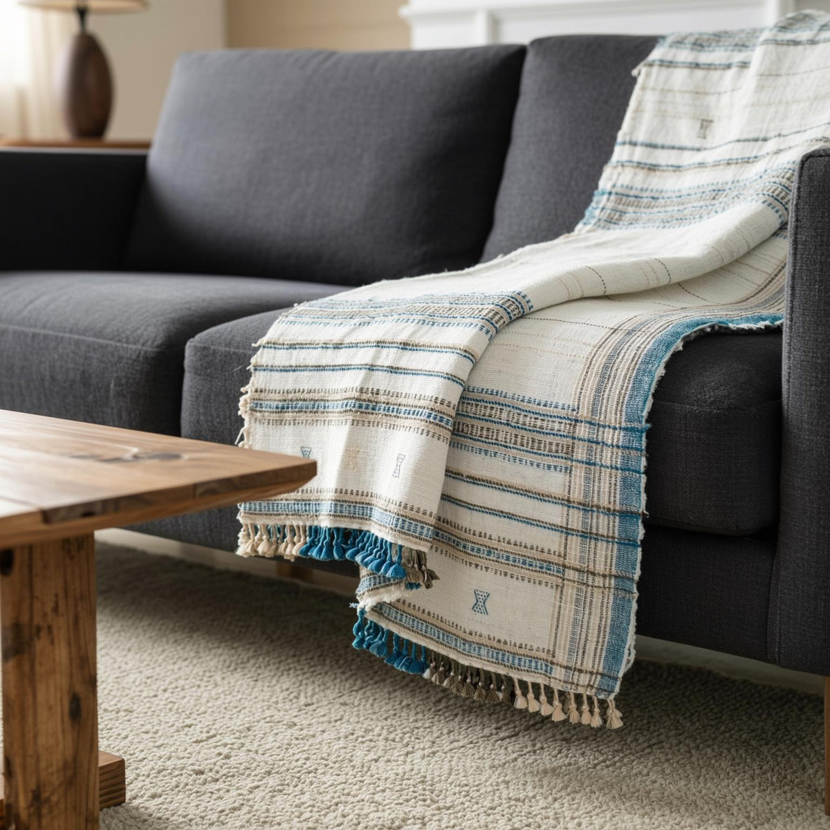 Ivory Indian Wool Throw Blanket, Handwoven Couch Coverlet with Cozy Minimalist Bedroom Layer - DAZY