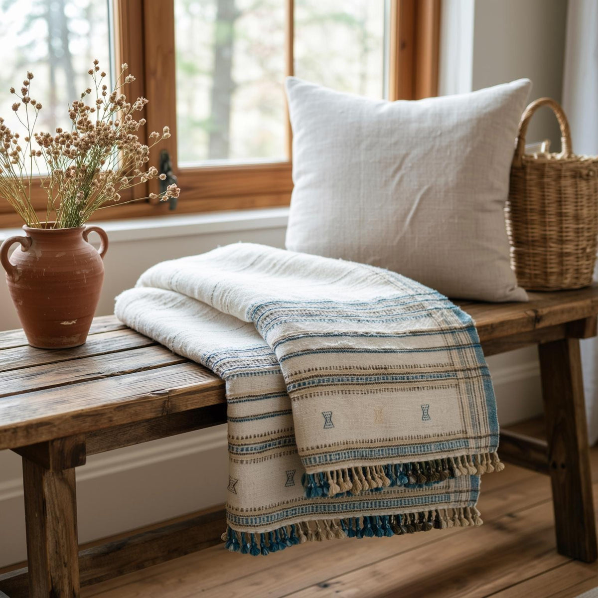 Ivory Indian Wool Throw Blanket, Handwoven Couch Coverlet with Cozy Minimalist Bedroom Layer - DAZY