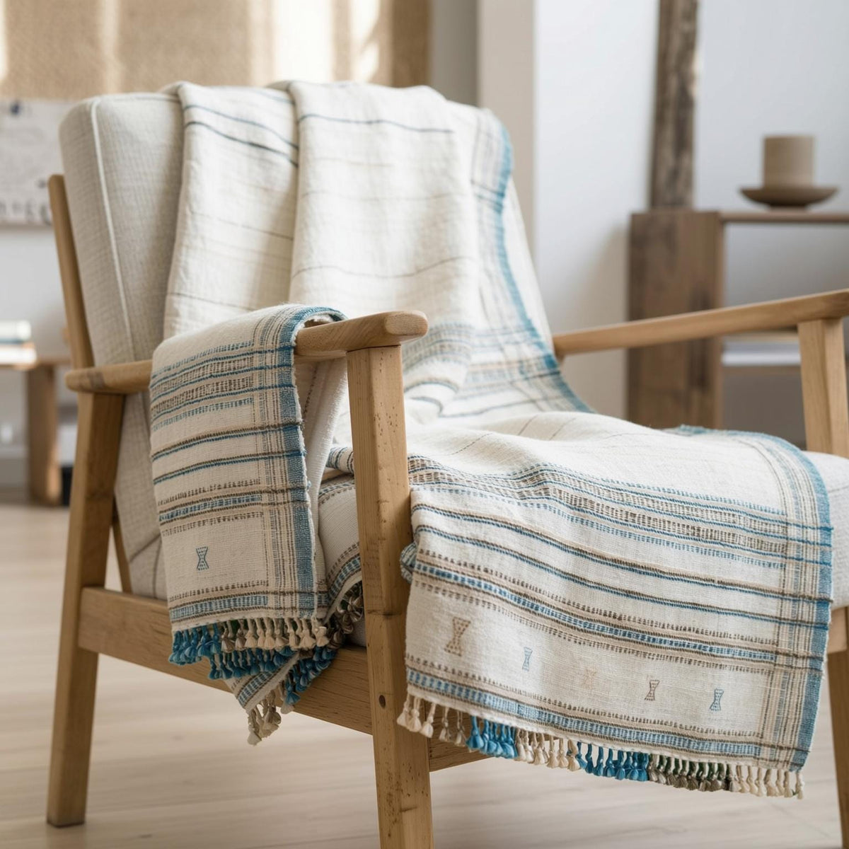 Ivory Indian Wool Throw Blanket, Handwoven Couch Coverlet with Cozy Minimalist Bedroom Layer - DAZY