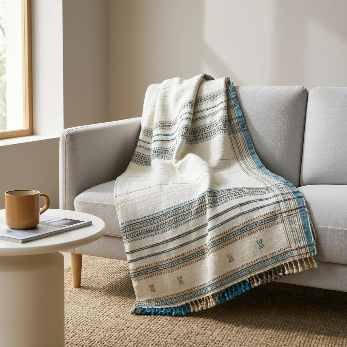 Ivory Indian Wool Throw Blanket, Handwoven Couch Coverlet with Cozy Minimalist Bedroom Layer - DAZY