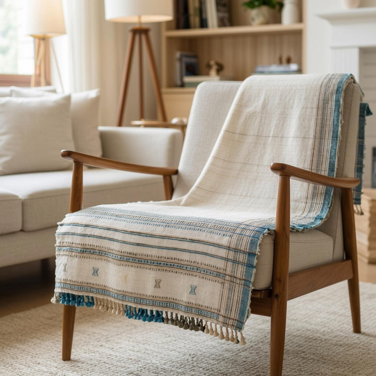 Ivory Indian Wool Throw Blanket, Handwoven Couch Coverlet with Cozy Minimalist Bedroom Layer - DAZY