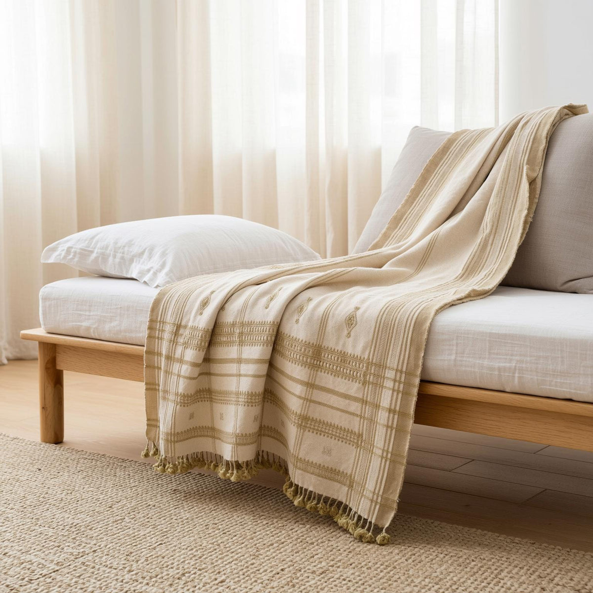 Off White Indian Wool Throw Blanket, Handwoven Couch Coverlet with Neutral Bedroom Layer - HEERA