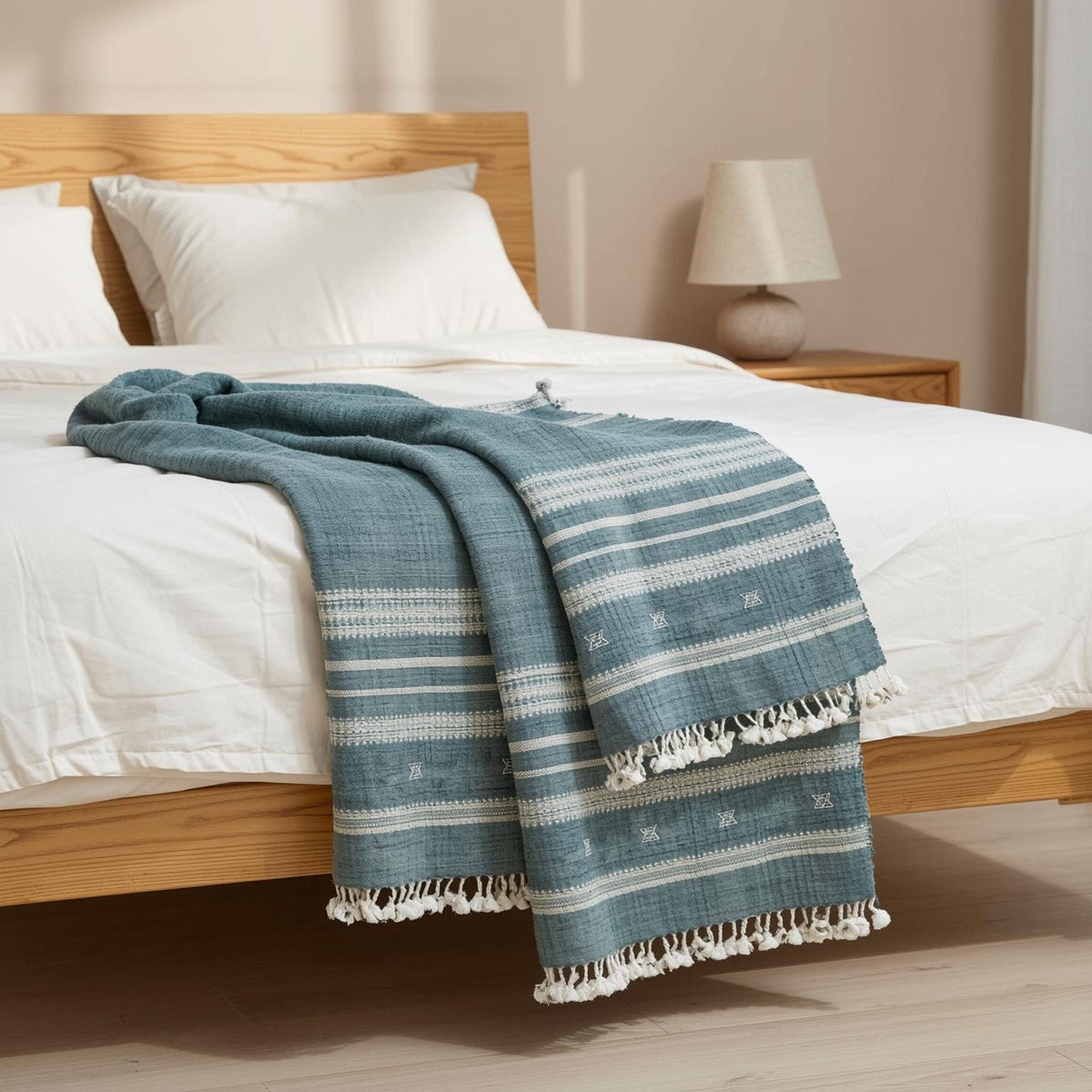 Vibrant Teal Indian Wool Throw Blanket, Handwoven Sofa Coverlet with Boho Reading Accent - NEELAM